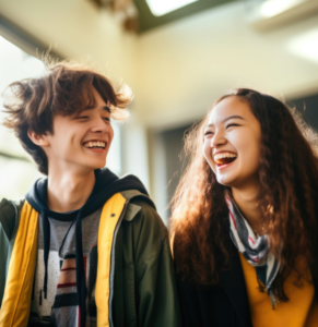 two teens laugh and smile with each other
