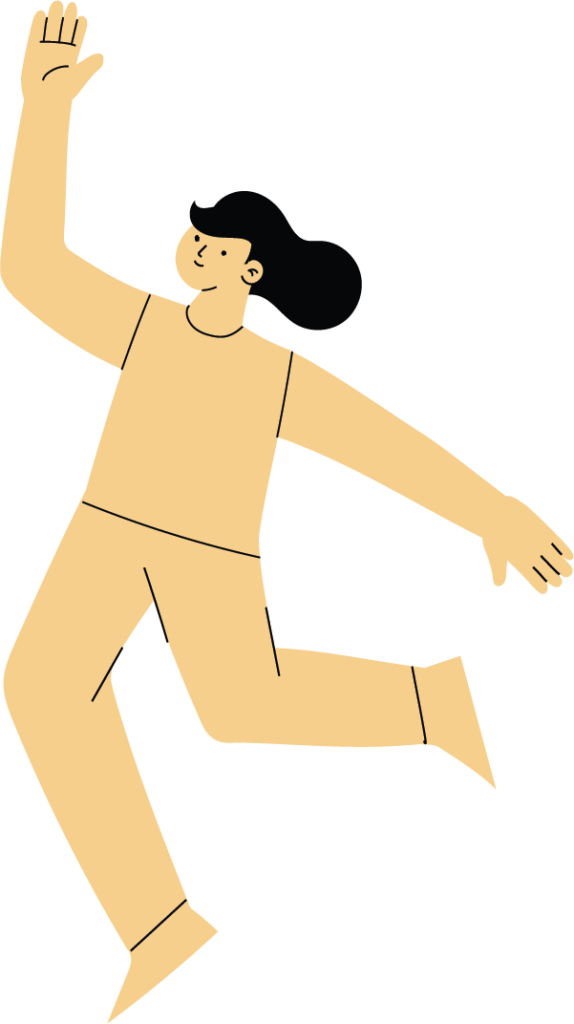 an illustration of a person with medium length hair running and smiling