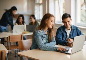 a group of young people sit at tables and look at computers while researching mental health treatment